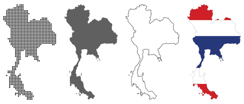 Thailand country map vector set with dotted pattern solid silhouette outline and national flag illustration