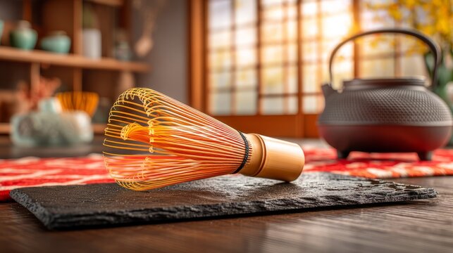 Bamboo Whisk Resting Diagonally on Slate with Teapot and Decor
