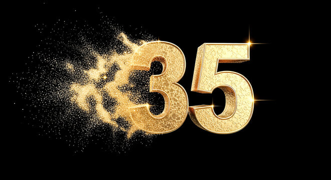 Striking visual of the number 35 bursting with golden sparkles against a dark backdrop, ideal for celebrations or milestones.