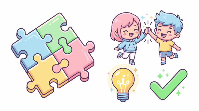 Cute cartoon illustration of children celebrating teamwork with puzzle pieces lightbulb and checkmark icons.