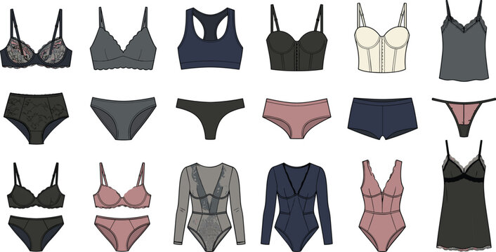 Collection of women's lingerie and underwear, various styles and colors women's clothing bras panties