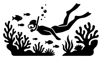 Scuba diver exploring underwater coral reef with swimming fish in stencil style © Wera