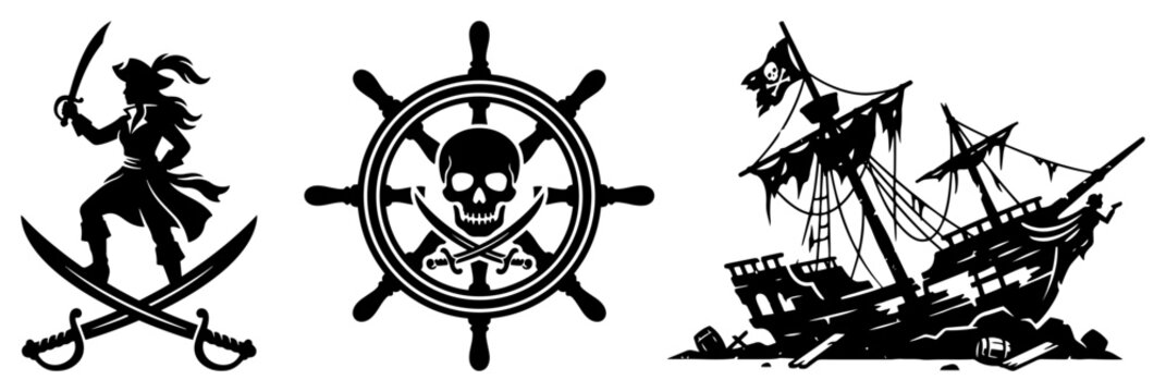 Pirate icons collection featuring buccaneer shipwreck and steering wheel in stencil style
