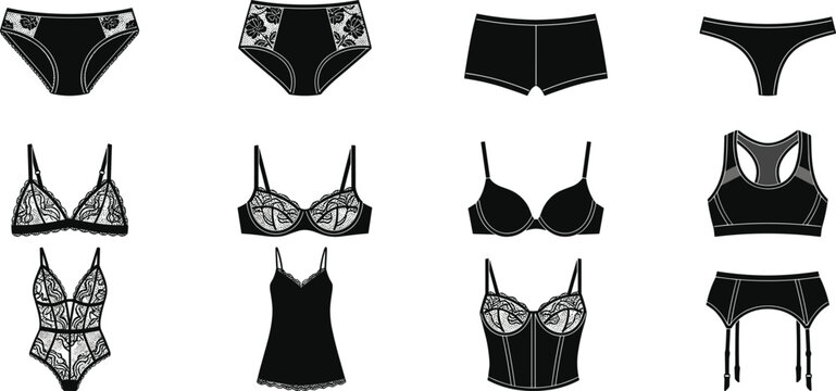 Collection of black lingerie and underwear, various styles and women's clothing intimate apparel