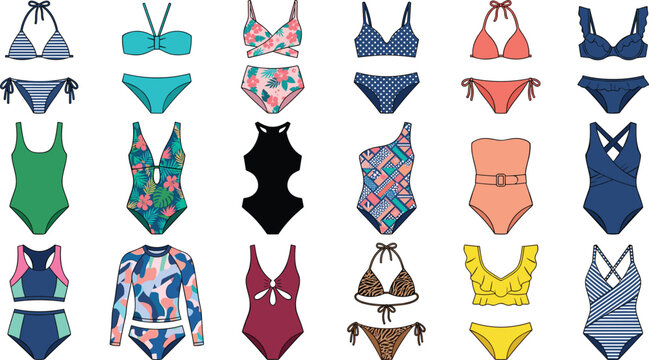 Colorful swimsuits and bikinis collection, various patterns and one-piece two-piece swimwear