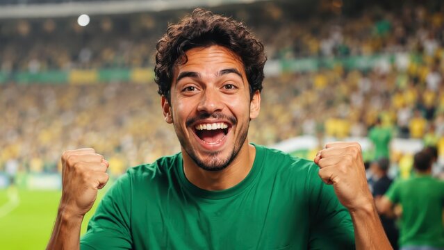 Ecstatic Brazilian Soccer Fan Celebrating Victory with Both Fists Raised at Packed Stadium