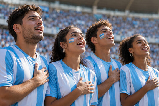 Group of passionate young fans singing national anthem at outdoor stadium event