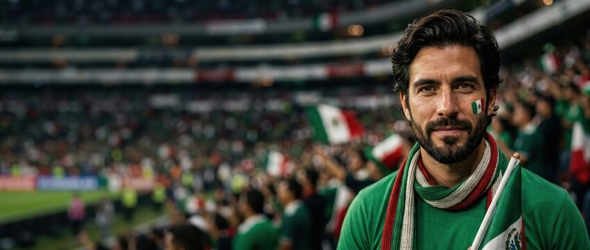 Confident Latino Soccer Fan with Mexican Scarf Looking Intense at Packed Stadium with Copy Space