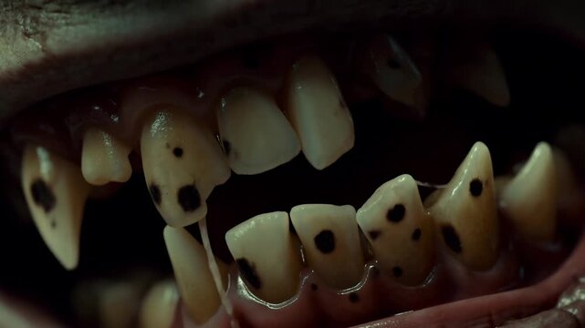 Detailed closeup of snarling creature's teeth in dramatic low light sequence