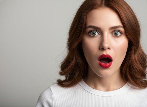 Surprised woman with open mouth and red lipstick looking at camera against gray background