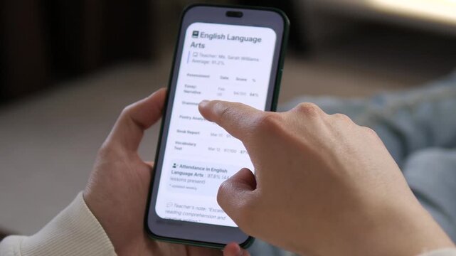 Parent checking child's academic performance on Student Electronic Diary app. Displays GPA, attendance, and grades for English and Math. High-quality EdTech footage for school systems and parenting