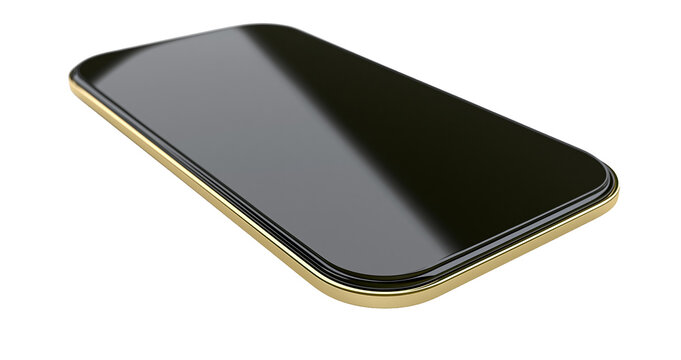 Smartphone with glossy dark screen on transparent background