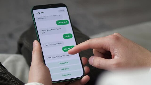 Seamless product return via mobile Help Bot. Sequence shows selecting return methods and receiving a success message. Ideal for retail technology, mobile shopping, and customer experience promos