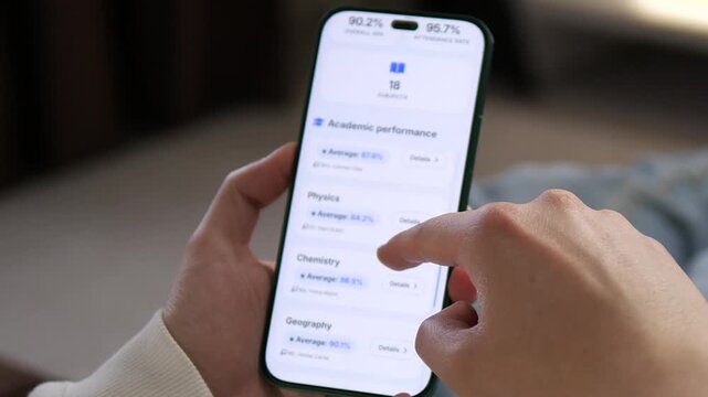 Modern parent tracking childs grades on Student Electronic Diary app. Real-time academic analytics, GPA monitoring, and teacher notes on mobile. Perfect for EdTech and schooling promos. High