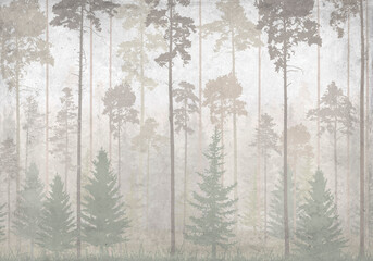 forest fresco, dawn, foggy forest, mural, vintage © ARtfoli