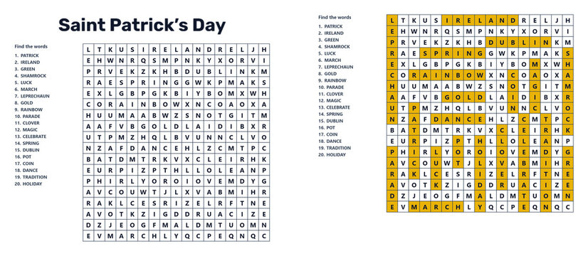 Saint Patrick's Day word seek puzzle sheet with hidden words  