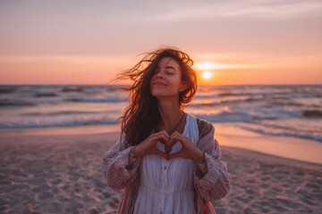 Obraz premium Joyful beach scene with a woman traveler and heart-shaped hands at sunset