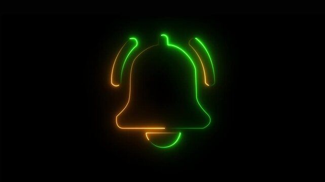 A bright neon notification bell icon rings to signal a new digital alert. Ideal for digital interface, social media, and technology concepts. Glowing neon notification bell icon animated isolated. 4k