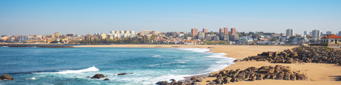 Beautiful bay on a sunny day. Douro Cabedelo Beach. View of Porto city, Portugal, Europe