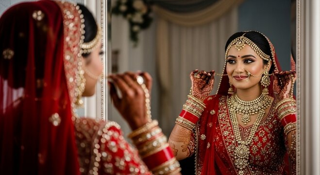Beautiful indian bride adjusting her nath jewelry in front of a mirror