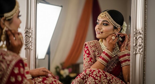 Beautiful indian bride getting ready in traditional wedding attire