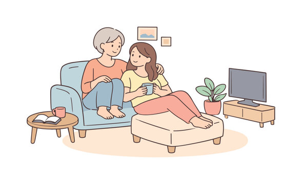 Two family members unwinding together in living room, casual seating and gentle