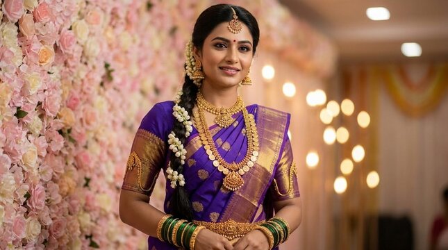 Beautiful indian bride in traditional purple silk saree and gold jewelry