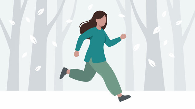 Flat illustration of woman jogging in a minimalist forest, falling leaves