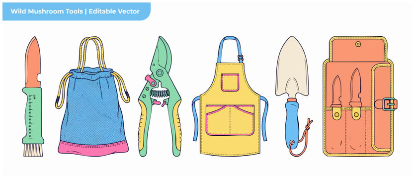 Mushroom hunting harvesting tool kit with foraging knife brush bag apron and trowel vector icons set isolated on white background. Clean outline graphic design for gardening and outdoor hobby.