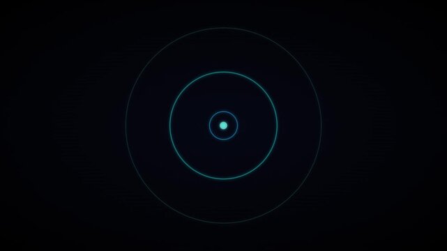 Cyan concentric circles pulsate from a central point within this minimalist dark digital motion graphic animation video loop sequence