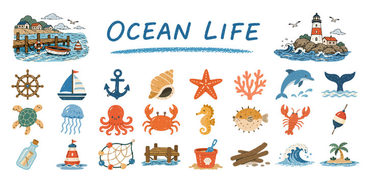 海の生き物とマリンアイコンのコレクション／Ocean Life, Marine Animals, Nautical Icons
