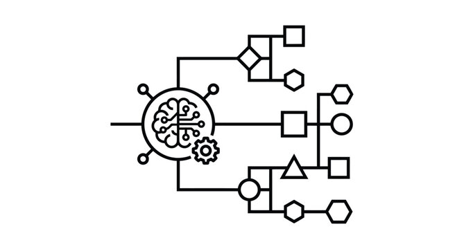 Artificial intelligence decision tree diagram showing machine learning logic and brain processing