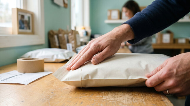 Close up of hands sealing paper shipping envelope on wooden table