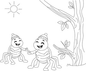 Fototapeta premium Two Friendly Spiders Under a Tree Coloring Page for Children