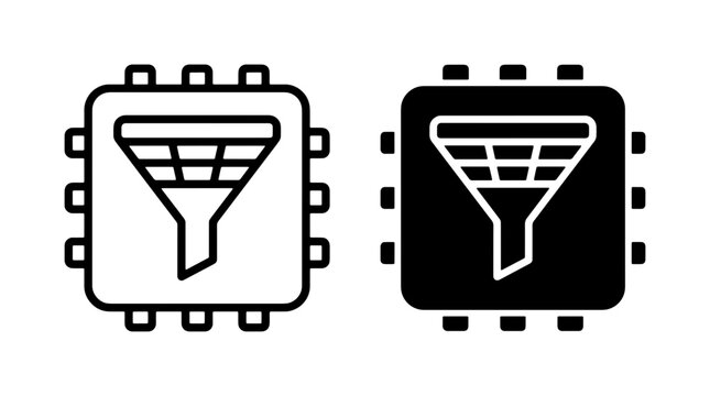 Data Filtering Icons, Microchip Filter Symbol, Digital Information Processing Vector Graphics