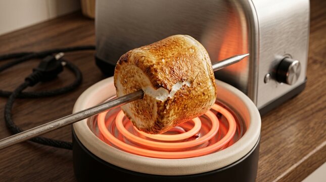 Malvavisco siendo tostado en un pincho de acero inoxidable sobre un calentador el&eacute;ctrico
