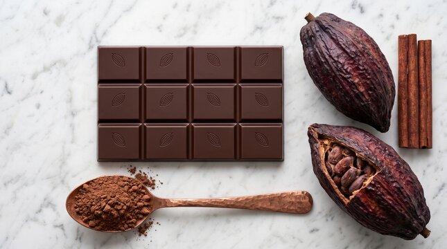 Chocolate negro artesanal con vainas de cacao, ramas de canela y cacao en polvo
