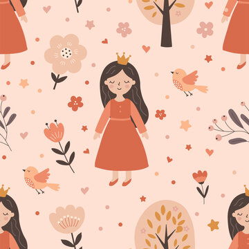 Cute fairytale seamless pattern featuring a stylized princess character in a crown surrounded by birds, trees, flowers, and tiny hearts on a pastel peach background for nursery wallpaper, kids textile