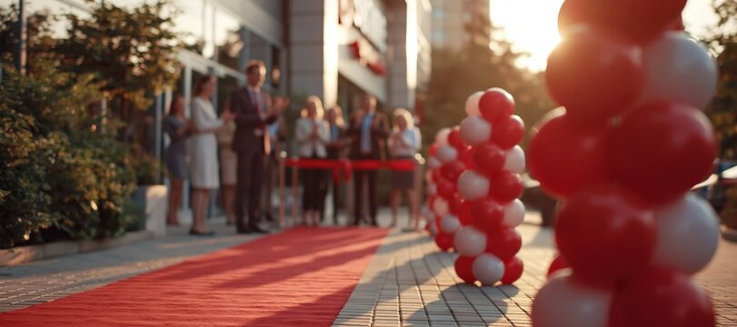 Employees clapping at festive ribbon - cutting ceremony outside modern store