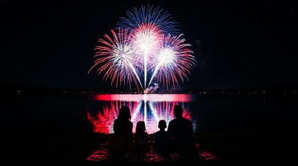 Family watches colorful fireworks display over lake at night from picnic blanket © Studio Fiuza