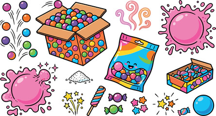 Fototapeta premium Colorful Bubblegum and Candy Doodle Sticker Set with Gumball Box Sweet Pouch Pink Gum Bubble Splash and Wrapped Treats Vector Illustrations for Kids Party