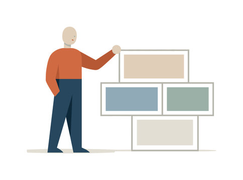 Calm abstract geometric human figure stands beside few fully framed aligned blocks in wide white space reframing structure