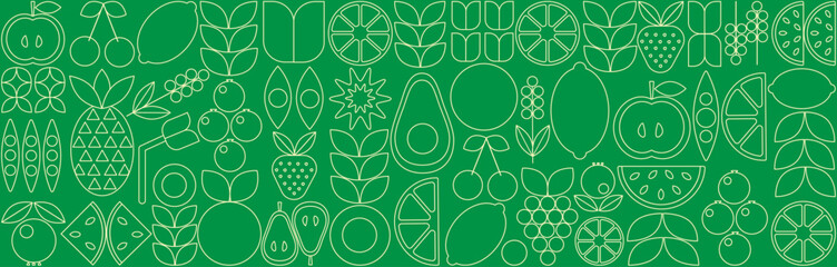 Bauhaus fruit and berry abstract. Geometric line drawing. Fruits seamless pattern. Natural flower plant with simple shape, abstract eco farming concept. Vector minimal banner © Oxana
