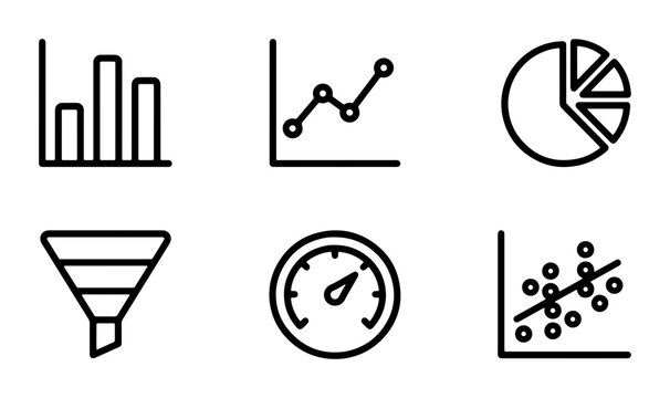 Data Visualization Icons Set: Charts, Graphs, Analytics, Performance Meter, Funnel, Scatter Plot