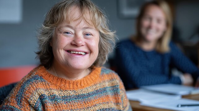 Adult with Down syndrome meeting healthcare coordinator in clinic office