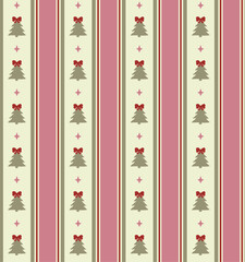 Seamless vintage Christmas pattern featuring stylized trees with bows and stars on pink, green, and cream vertical stripes. Folk art style for wrapping paper, textile, fabric, and holiday cards © NKTN