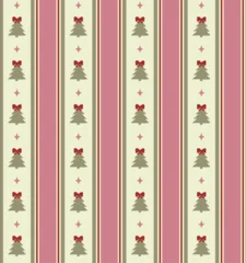 Seamless vintage Christmas pattern featuring stylized trees with bows and stars on pink, green, and cream vertical stripes. Folk art style for wrapping paper, textile, fabric, and holiday cards © NKTN