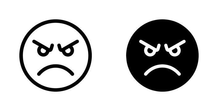 Angry Face Icons, Grumpy Emoticon Symbols, Negative Emotion Vector Graphics, Black and White Moods