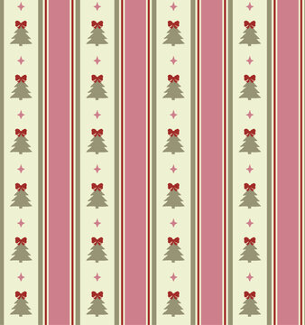 Seamless vintage Christmas pattern featuring stylized trees with bows and stars on pink, green, and cream vertical stripes. Folk art style for wrapping paper, textile, fabric, and holiday cards