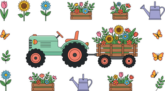 Farm Tractor Pulling Trailer Filled with Spring Flowers Illustration Featuring Wooden Crates Sunflowers Tulips Watering Cans and Butterflies Icon Set